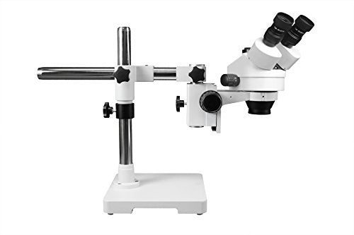Vision Scientific VS-3F-IFR07 Simul-Focal Trinocular Zoom Stereo Microscope, 10x Widefield Eyepiece, 0.7X—4.5X Zoom Range, 7X—45x Magnification Range, Single Arm Boom Stand, 144-LED Ring Light