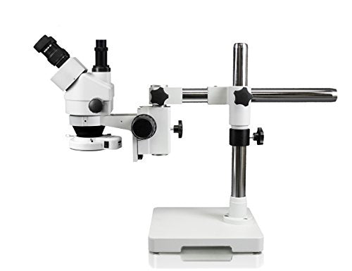 Vision Scientific VS-3F-IFR07 Simul-Focal Trinocular Zoom Stereo Microscope, 10x Widefield Eyepiece, 0.7X—4.5X Zoom Range, 7X—45x Magnification Range, Single Arm Boom Stand, 144-LED Ring Light