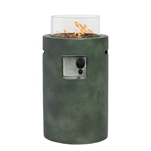 COSIEST Outdoor Propane Fire Pit Table W/ Compact Ledgestone 16in Round Graphite Base & Glass Wind Guard Free Lava Rocks Fits 20gal