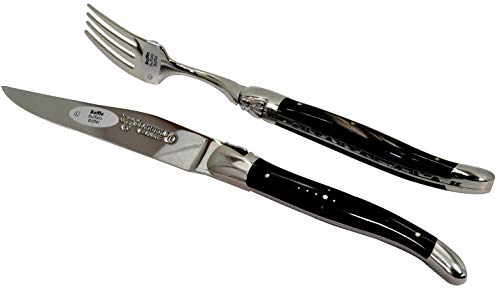 Laguiole en Aubrac Stainless Steel Set of 2 Forks and 2 Knives with Water Buffalo Handle