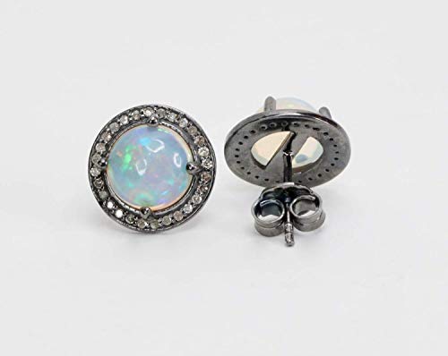 Large Round Opal Stud Earring- Real Opal Pave Diamonds- Oxidized Sterling Silver 10mm- October Birthstone Birthday Women's Jewelry Gift Idea-Holiday
