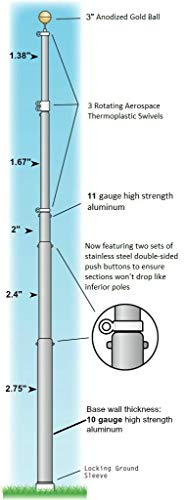 20' Telepole Superior 1" Telescoping Flagpole - 2.75" Base Diameter, 10 Gauge Aluminum - Silver