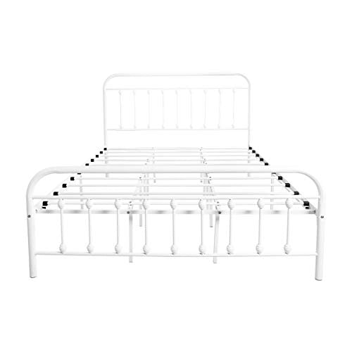 Yollen Metal Bed Frame Queen Size Victorian Vintage Style Headboard and Footboard No Box Spring Heavy Duty Steel Slat Mattress Foundation White