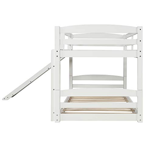 Twin Over Twin Bunk Bed with Slide, Wood Twin Low Bunk Bed for Kids,with Built-in Ladders, White
