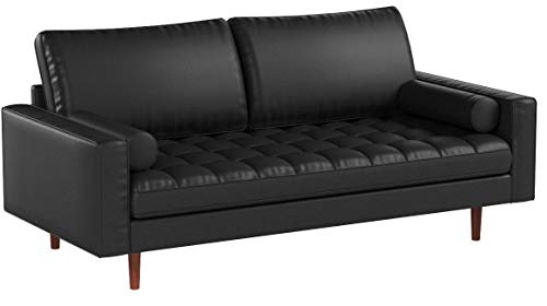 Container Furniture Direct Orion Mid Century Modern PU Leather Upholstered Living Room Loveseat with Bolster Pillows, 69.68" Black