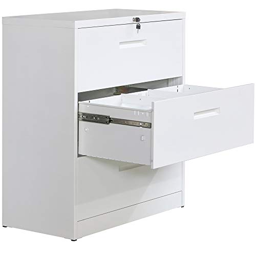 Lateral File Cabinet with 3 Drawer Lockable Metal File Cabinet Heavy Duty Filling Cabinet,White, Assembly Needed