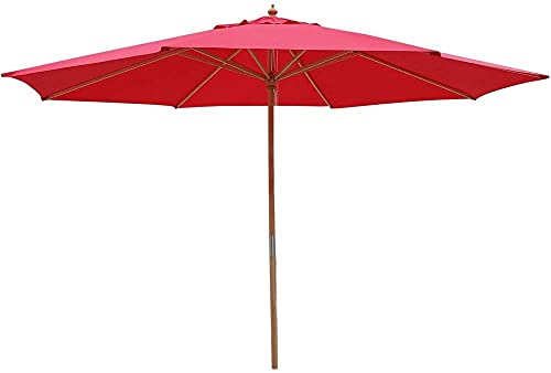 LEGENDARY-YES 9' Foot Red Polyester Umbrella 8-Rib Solid Sycamore Wood Pole Pulley for Outdoor Patio Furniture Overhead Cover Canopy UV Protection Sun Shade Café Shop