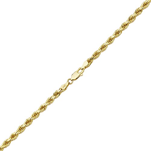 14K Yellow Gold 3.5mm Diamond Cut Rope Chain Necklace, Mens Womens with Lobster Lock (18)