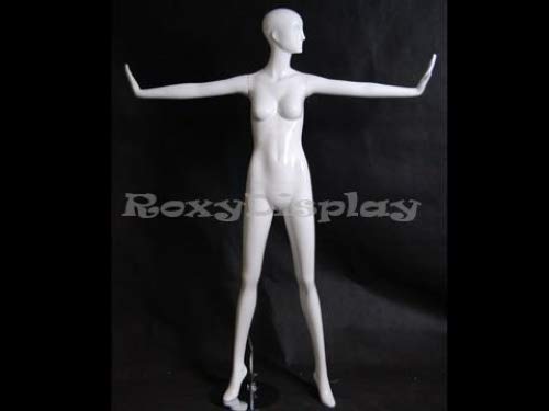 (MD-XD12W) ROXYDISPLAY Abstract Female Mannequin Glossy White Fiberglass, with 2 arms open standing pose.