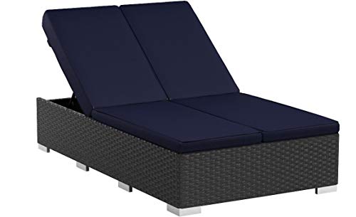 Modway Sojourn Wicker Rattan Outdoor Patio Sunbrella Fabric Double Chaise in Chocolate Navy