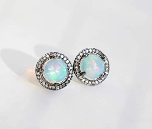 Large Round Opal Stud Earring- Real Opal Pave Diamonds- Oxidized Sterling Silver 10mm- October Birthstone Birthday Women's Jewelry Gift Idea-Holiday