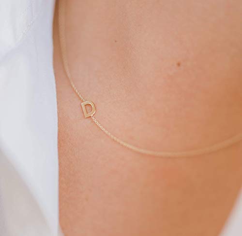14k Gold Asymmetrical Initial Necklace, Zoe Lev Jewelry, Side Initial Necklace, Gold Sideways Letter Necklace