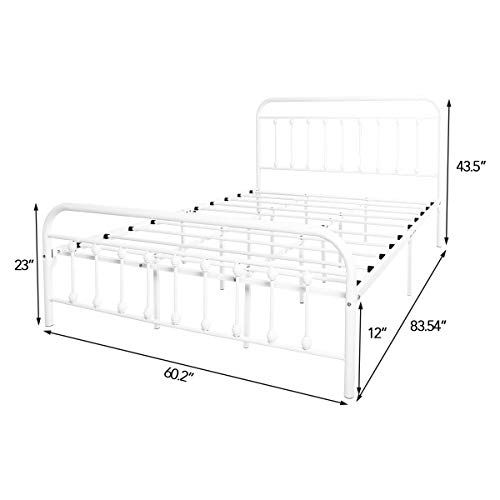 Yollen Metal Bed Frame Queen Size Victorian Vintage Style Headboard and Footboard No Box Spring Heavy Duty Steel Slat Mattress Foundation White