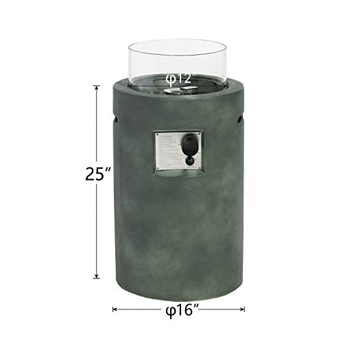 COSIEST Outdoor Propane Fire Pit Table W/ Compact Ledgestone 16in Round Graphite Base & Glass Wind Guard Free Lava Rocks Fits 20gal