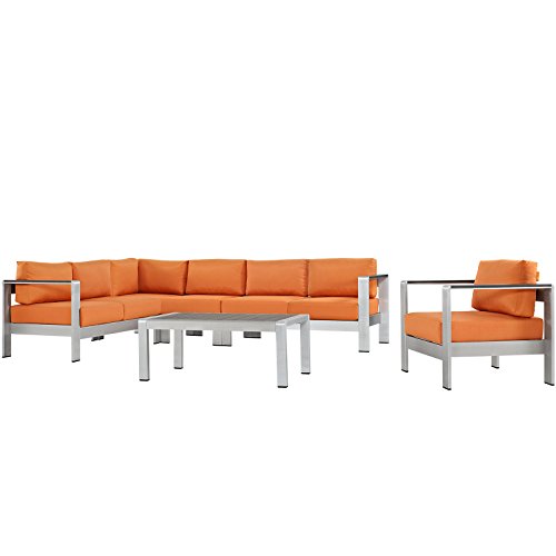 Modway Shore 6-Piece Aluminum Outdoor Patio Sectional Sofa Set in Silver Orange