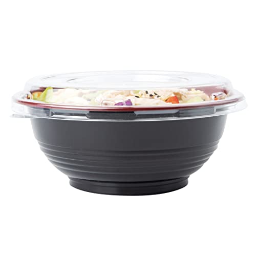 18 Ounce Plastic Food Bowls, 200 With Lid Disposable Food Containers - Mircowave-Safe, BPA-Free, Black And Red Plastic To Go Bowls, Disposable - Restaurantware