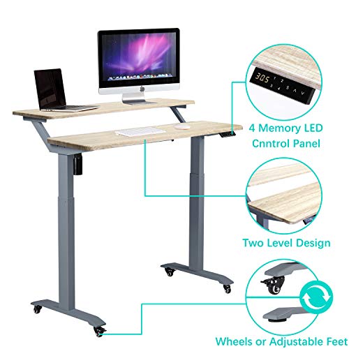 UNICOO - Electric Height Adjustable Standing Desk, Electric Standing Workstation Home Office Sit Stand Up Desk with 4 Pre-Set Memory Led Display Controller (Mahogany Top/Black Legs - Electric-2 Tier)