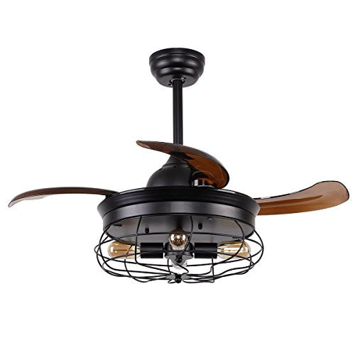 Vintage Ceiling Fan with Lights 34 Inch Retractable 3 Blades Industrial Chandelier Ceiling Fan with 4 Edison Bulbs, Not Included, Black