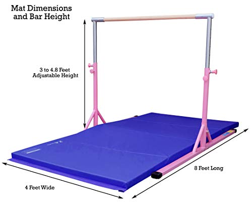 Z ATHLETIC Elite Gymnastics Bar, 4ft x 8ft x 2in Mat, and 7" Off Ground Beam (Pink & Blue)