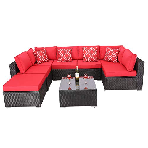 Do4U 8 Pieces Patio Furniture Sets Outdoor All-Weather Wicker Rattan Sofa Cushioned Seating and Back Sectional Conversation Set, Two Red Pillows (Red)