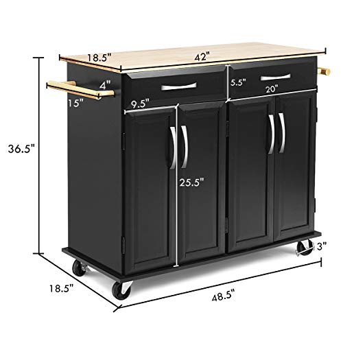 Giantex Kitchen Trolley Cart Rolling Utility Island Rubber Wood Top Large Storage Easy-Clean with Smooth Lockable Wheels