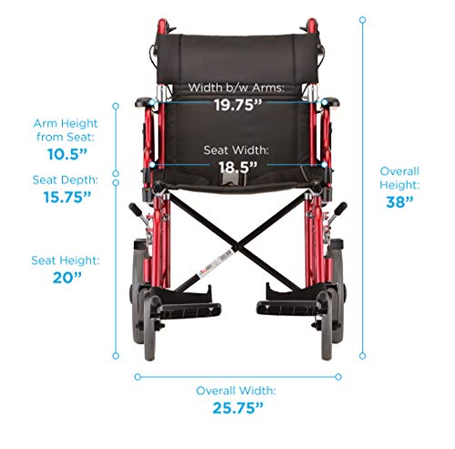 NOVA Lightweight Transport Chair with Locking Hand Brakes, 12” Rear Wheels, Removable & Flip Up Arms for Easy Transfer, Anti-Tippers Included, Red