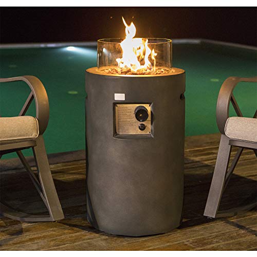 COSIEST Outdoor Propane Fire Pit Table W/ Compact Ledgestone 16in Round Graphite Base & Glass Wind Guard Free Lava Rocks Fits 20gal