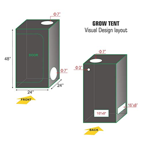 TopoLite 24"x24"x48" Grow Tent Dark Room Indoor Hydroponic System Kit w/D-Door + New TECH UFO LED 600W Full Spectrum Grow Light (Actual Power 200W)