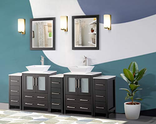 Vanity Art 84 Inch Double Sink Bathroom Vanity Compact Set 5 Cabinets 2 Shelves 13 Dove-Tailed Drawers Quartz Top and Ceramic Vessel Sink Bathroom Cabinet with Free Mirror VA3124-84-E