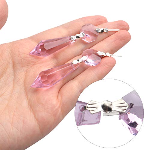 20 Pieces Chandelier Icicle Crystal U-Drop Prisms Lamp Parts Glass Pendants Beads for Wedding, Party or Holiday Decoration, 37mm, Pink