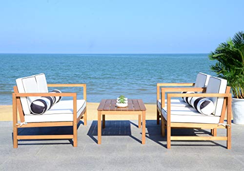 Safavieh PAT7030C Collection Montez Teak and Black and White 4 Pc Accent Pillows Outdoor Set, Natural/Brown