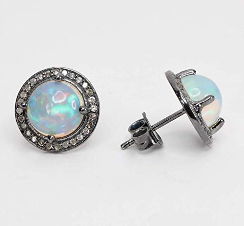 Large Round Opal Stud Earring- Real Opal Pave Diamonds- Oxidized Sterling Silver 10mm- October Birthstone Birthday Women's Jewelry Gift Idea-Holiday