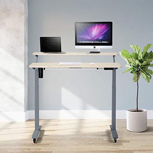 UNICOO - Electric Height Adjustable Standing Desk, Electric Standing Workstation Home Office Sit Stand Up Desk with 4 Pre-Set Memory Led Display Controller (Mahogany Top/Black Legs - Electric-2 Tier)