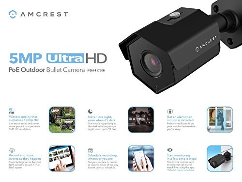 2-Pack Amcrest UltraHD 5MP Outdoor POE Camera, Bullet IP Security Camera, Outdoor IP67 Waterproof, 104° Viewing Angle, MicroSD Recording, 98ft Night Vision, 5-Megapixel, 2PACK-IP5M-1173EB (Black)