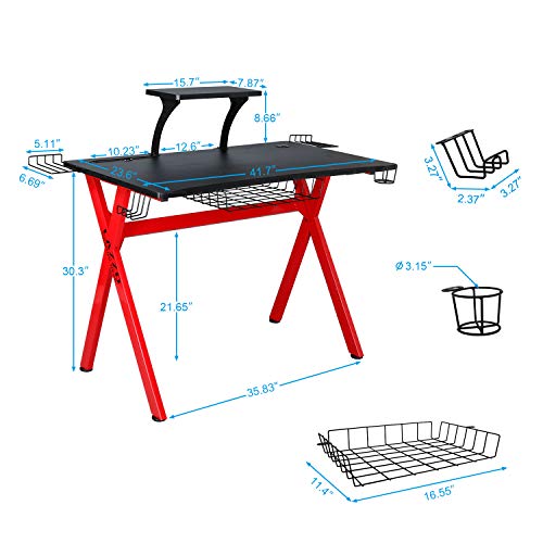 LAZZO X Type Computer Gaming Desk 41" Home Game Table Desk with Display Support Plate, Cup Holder and Headphone Hook,Gamer Workstation, Curved Front Desktop,Red & Black Design(41" Wx23.5 D)