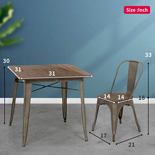FDW 5-Piece Patio Table Set Square Metal Table Wood Top Table 31x31" 4 Chairs,Bronze