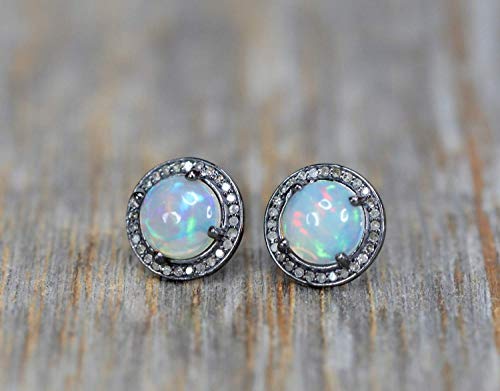 Large Round Opal Stud Earring- Real Opal Pave Diamonds- Oxidized Sterling Silver 10mm- October Birthstone Birthday Women's Jewelry Gift Idea-Holiday