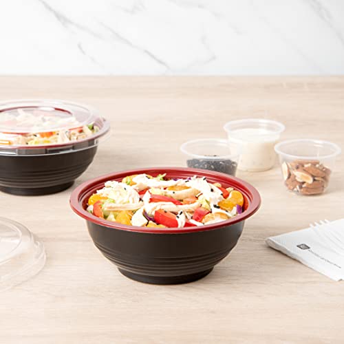 18 Ounce Plastic Food Bowls, 200 With Lid Disposable Food Containers - Mircowave-Safe, BPA-Free, Black And Red Plastic To Go Bowls, Disposable - Restaurantware