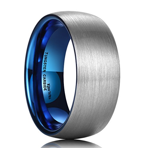 King Will Duo 9mm Blue Dome Tungsten Carbide Ring Wedding Band for Men High Polish Comfort Fit 11.5