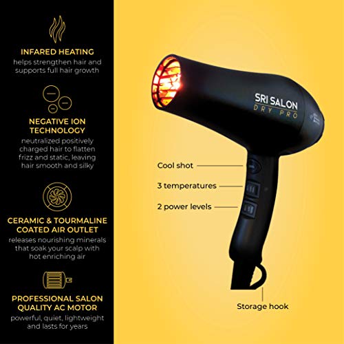 Skin Research Institute Salon Dry Pro - Red Light Therapy Professional Salon Ceramic Ionic Volumizing Anti-Frizz Hair Blow Dryer 1875W | Free Concentrator Diffuser and Comb Attachments In