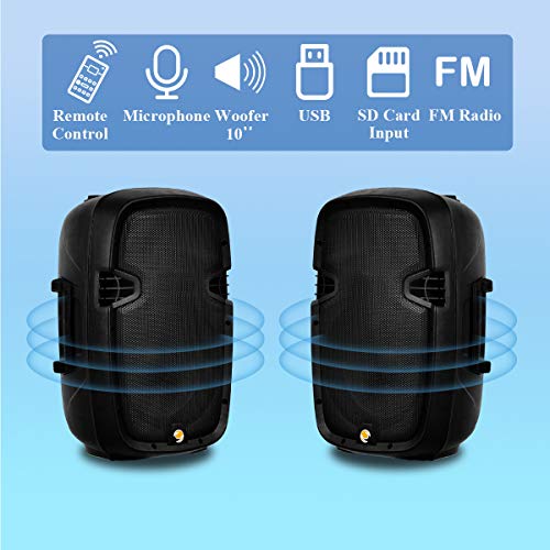 La fete Dual 2-Way 10'' 1600 Watt Powered PA Speaker System, Portable DJ Speaker with Active + Passive Speakers, 2 Speaker Stands, Microphone, Bluetooth, USB/SD Card, FM Radio, Remote Control