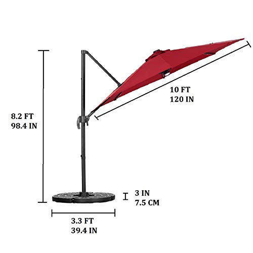 Leisurelife 10' Cantilever Offset Umbrella with Solar Lights for Patio, Tilt and Crank, 8 Ribs, Wine Red