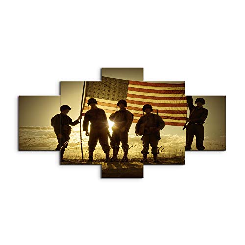 Large USA US American Military Soldiers Army Flag Wall Art Canvas Prints Home Decor Pictures Decals for Living Room Bedroom Office 5 Panel Poster Paintings Wooden Framed Ready to Hang (70"Wx40"H, 24)