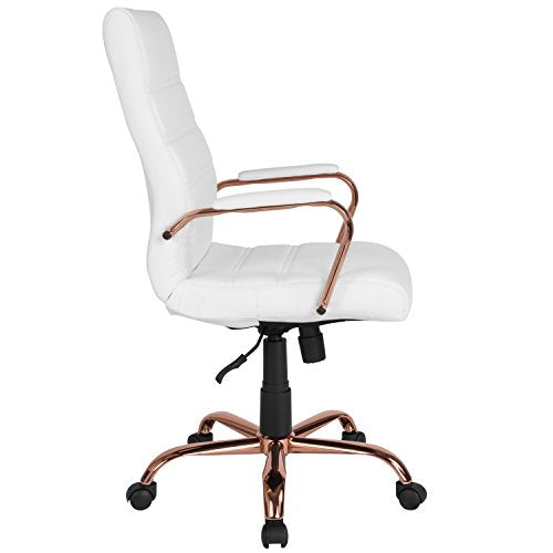 Flash Furniture High Back White LeatherSoft Executive Swivel Office Chair with Rose Gold Frame and Arms, BIFMA Certified