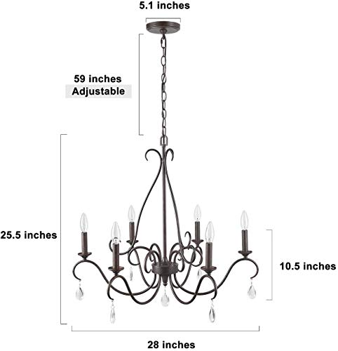 LALUZ Rustic Farmhouse Chandelier, 6-Light Bronze French Country Chandeliers with Crystal Pendants for Dining Room, Living Room, Kitchen, 28''