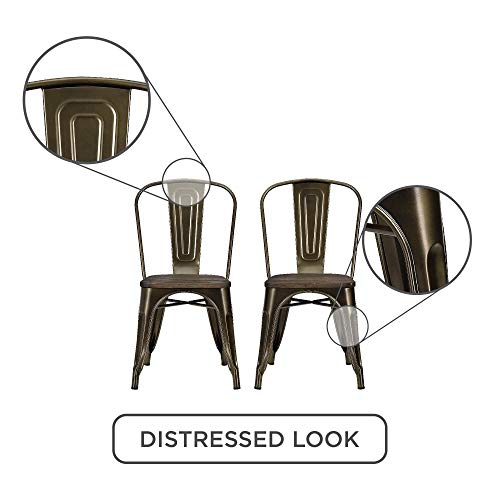 DHP Fusion Metal Dining Chair with Wood Seat, Distressed Metal Finish for Industrial Appeal, Set of two, Bronze
