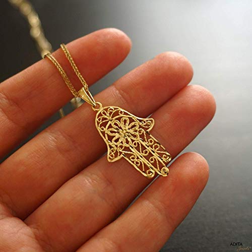 14K Yellow Gold Ornate Hamsa Necklace - 14K Solid Gold Delicate Jewish Pendant, Dainty Hand of Fatima Jewelry, Delicate Ethnic Handmade Necklace for Her - Unique Jewelry Gifts for Women