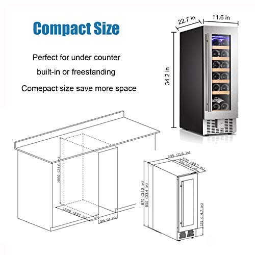 Antarctic Star 12 Inch Wine Cooler Beverage Refrigerator Beer Mini Fridge 18 Bottles Single Zone Built-in Freestanding Stainless Steel