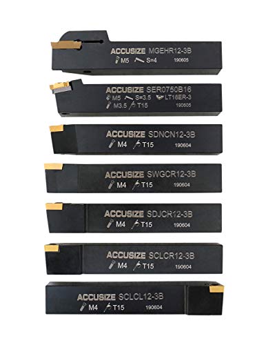 Accusize Industrial Tools 3/4'' Shank 7 Pc Indexable Carbide Turning Tool Set with 10 Extra Carbide Inserts in Fitted Box, 2387-2006plus