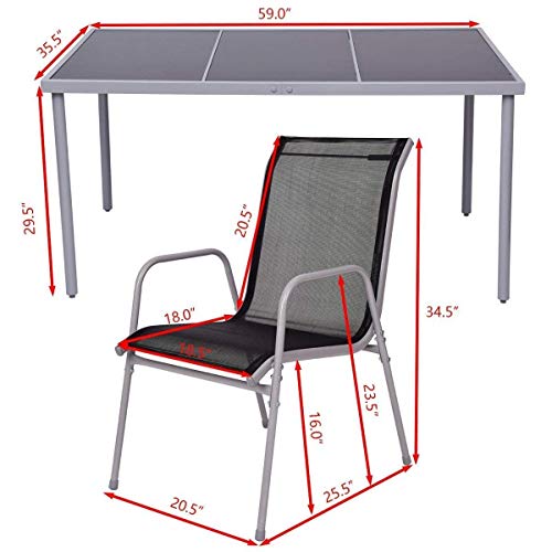 Giantex 7 Pcs Patio Dining Set with Metal Frame for Outdoor Lawn Garden Tempered Glasstop Cool Fabric Chairs Bistro Patio Dining Table Sets, Black